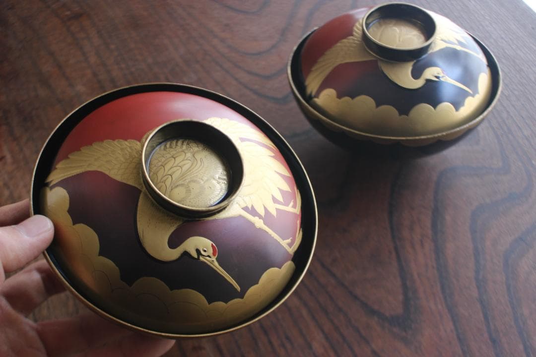 時代逸品！時代金縁黒漆に極上日の出鶴蒔絵の映えるお椀2点（検輪島塗蒔絵椀雑煮椀