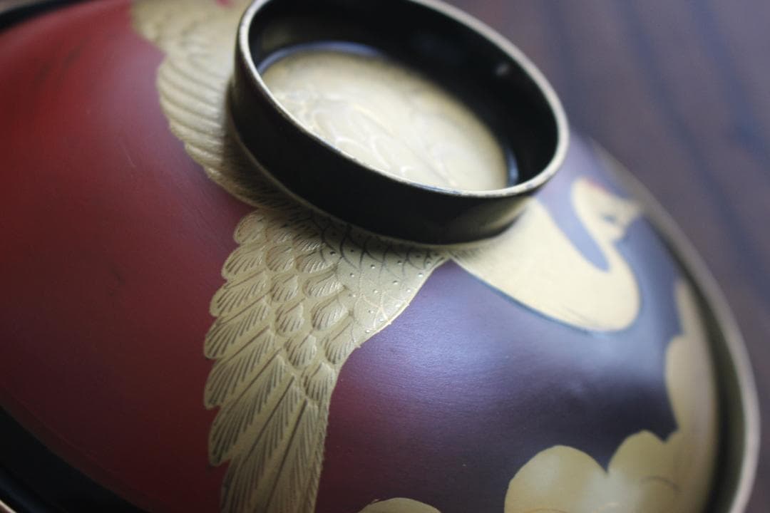 時代逸品！時代金縁黒漆に極上日の出鶴蒔絵の映えるお椀2点（検輪島塗蒔絵椀雑煮椀