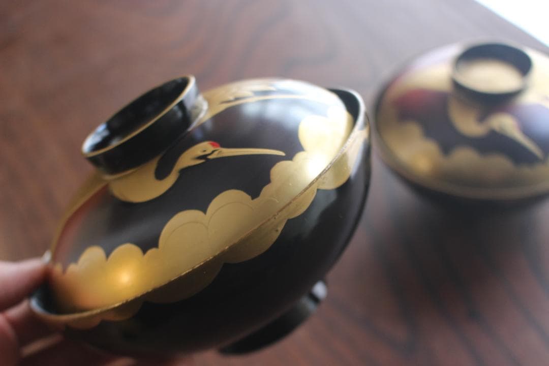 時代逸品！時代金縁黒漆に極上日の出鶴蒔絵の映えるお椀2点（検輪島塗蒔絵椀雑煮椀