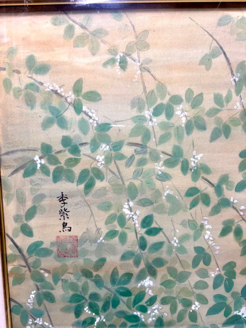 #森山季紫鳥 日本画「白い花と垣根」　額装