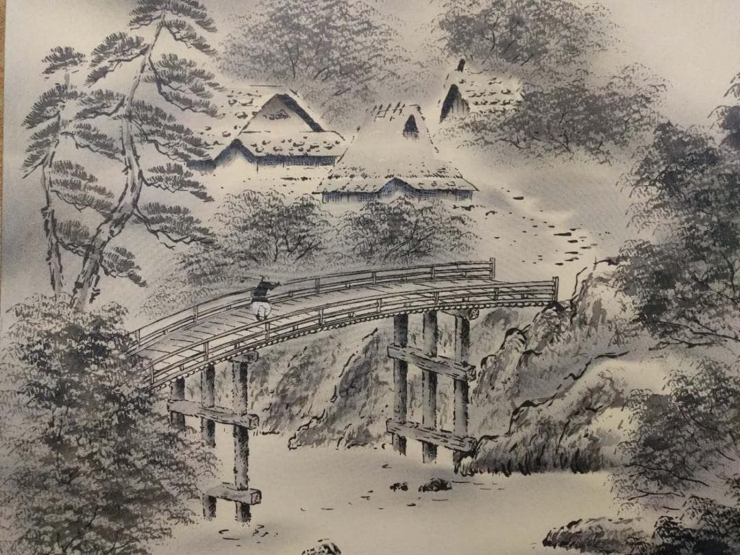 掛軸 秀峰『水墨山水図』日本画 絹本 肉筆 共箱付 良好品 掛け軸 k03031