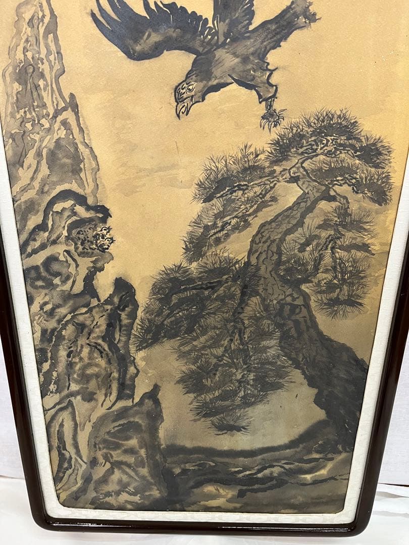 【アンティーク】額縁 額装 壁掛け 水墨画 山水画 山 鳥 鷲 鷹 オブジェ