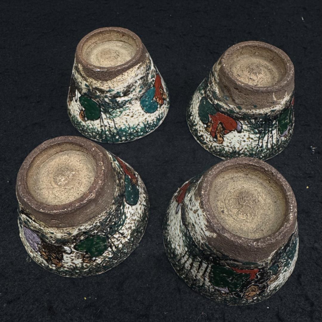 明治時代 犬山焼 竹林賢人雲錦手文様 骨董品 湯呑４客 時代物キズあり