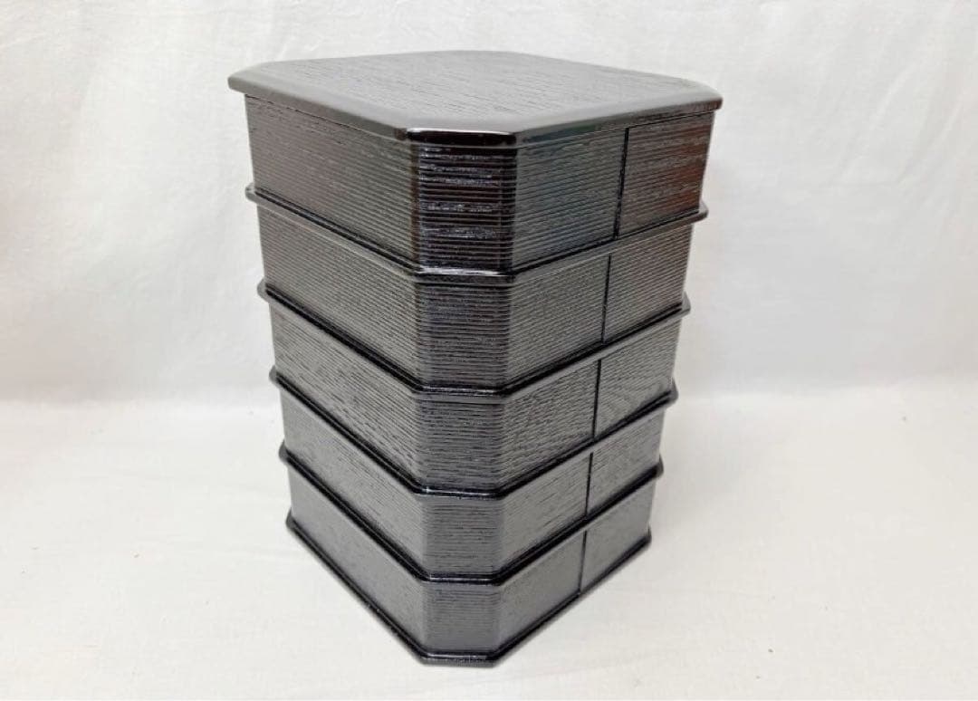 ほぼ未使用 懐石道具 木製柿合塗 5段縁高重 茶懐石 利休好写 天然木 元箱