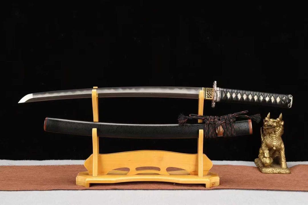 本脇差「桜洛」 黒石目鞘 銀鎏金装 皮革柄巻き 武具 日本刀 模造刀 鑑賞用