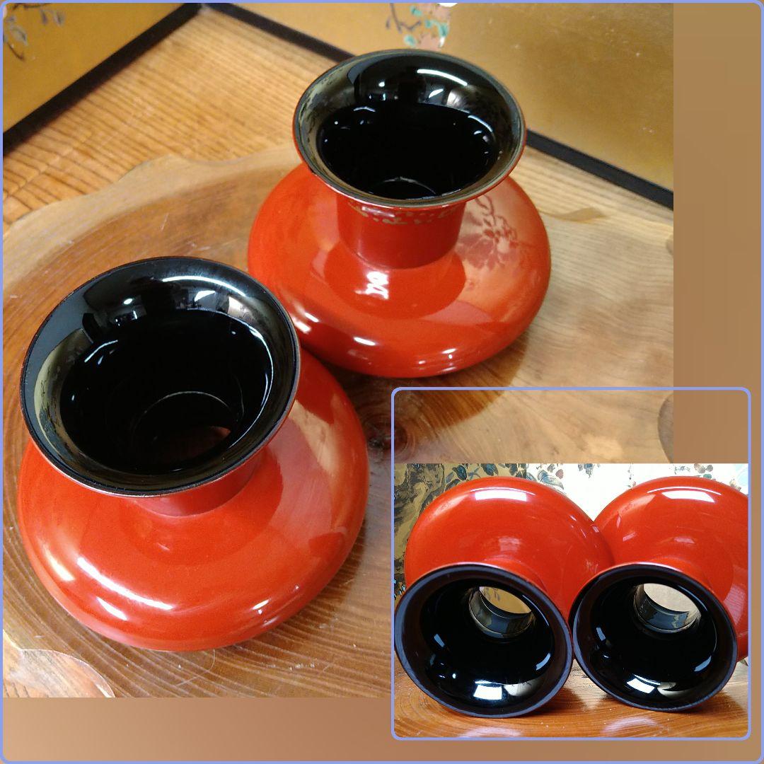 AB29 天目台一対 茶台 高茶台 高脚 金 高蒔絵 草花図 朱漆 木箱 昭和