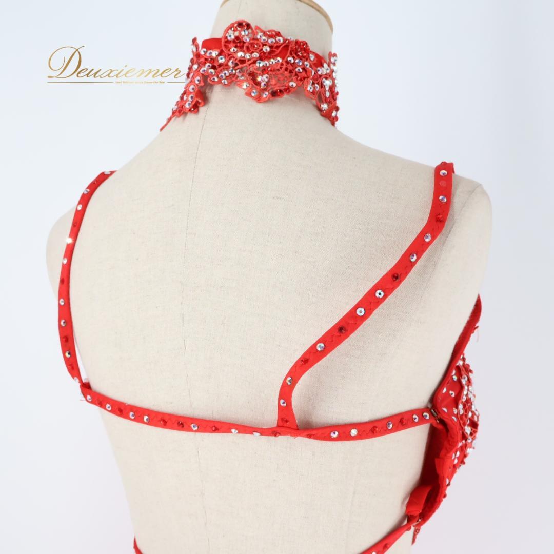 【社交ダンス衣装】レッド ラテン ワンピース ドレス 赤 フリル デモ 競技用