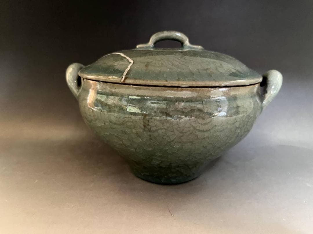 鉢■青磁氷結紋 蓋物 喰籠 高麗青磁 耳付き 直し有り 植木鉢 時代物 骨董■