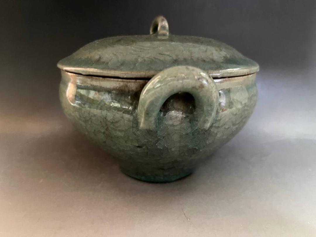 鉢■青磁氷結紋 蓋物 喰籠 高麗青磁 耳付き 直し有り 植木鉢 時代物 骨董■