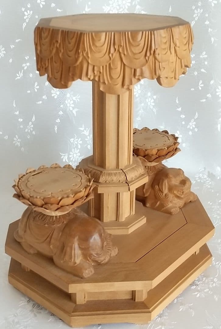 八角三尊台座　釈迦三尊用 獅子・象付き ◆白檀 木彫 仏像付属品
