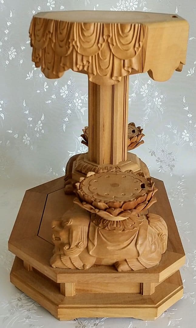 八角三尊台座　釈迦三尊用 獅子・象付き ◆白檀 木彫 仏像付属品