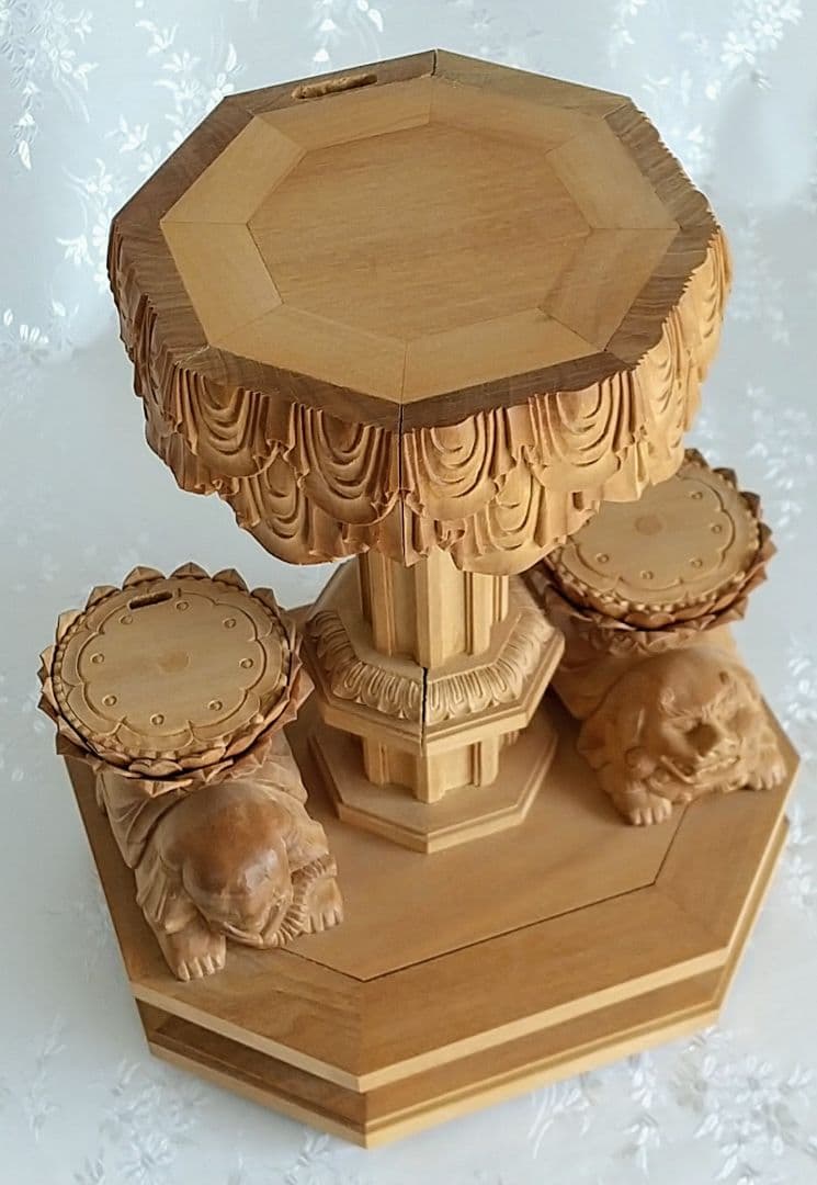 八角三尊台座　釈迦三尊用 獅子・象付き ◆白檀 木彫 仏像付属品