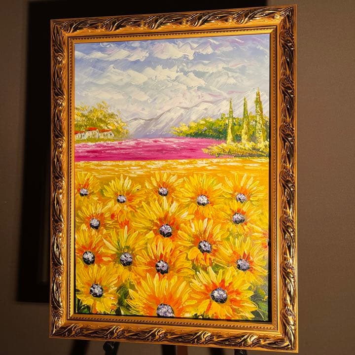 手書き油絵 ひまわり畑（大）額付 絵画 インテリア 油彩画