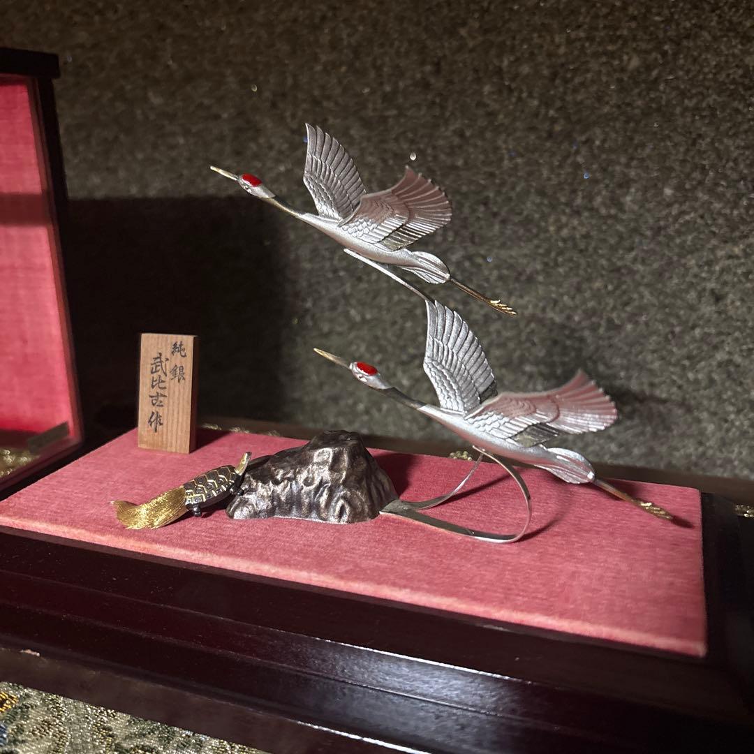 武比古 銀製　鶴亀　silver 置物 縁起物　3号