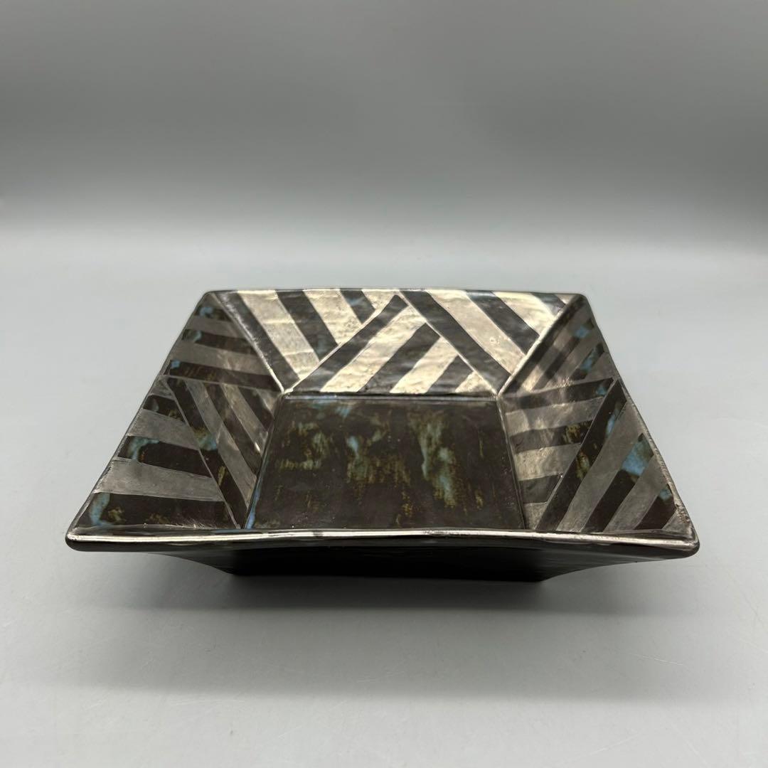 【松崎　健　呉須釉　白金彩角皿】 共箱　骨董　アンティーク　インテリア