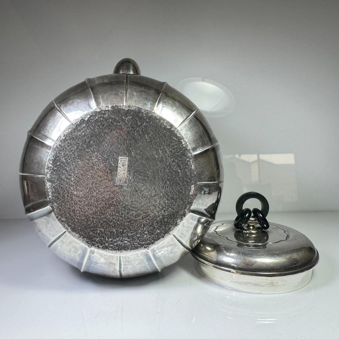 純銀製 一晃斎造 三連環貴石摘 湯沸 煎茶 銀瓶 古美術品 やかん 純銀保証