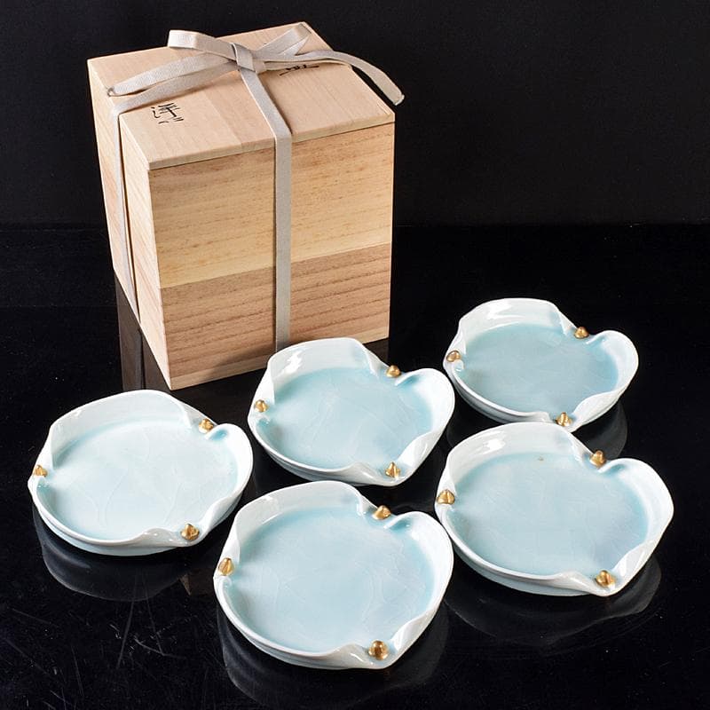 和食器　加藤洋二作　氷裂皿　五客　共箱　D　R8094B