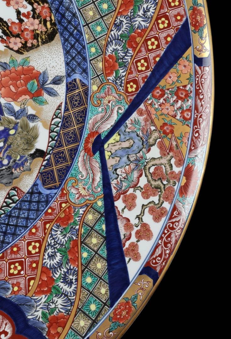 有田焼 神右エ門作 特大染綿唐獅子図大皿 飾皿 99.5㎝ 皿立付 骨董 古美術