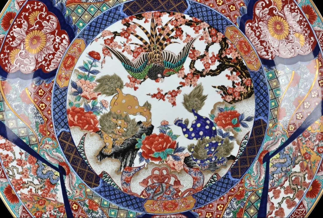 有田焼 神右エ門作 特大染綿唐獅子図大皿 飾皿 99.5㎝ 皿立付 骨董 古美術