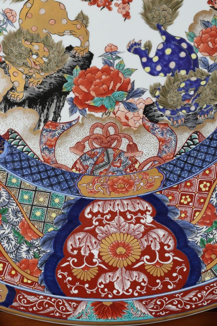 有田焼 神右エ門作 特大染綿唐獅子図大皿 飾皿 99.5㎝ 皿立付 骨董 古美術