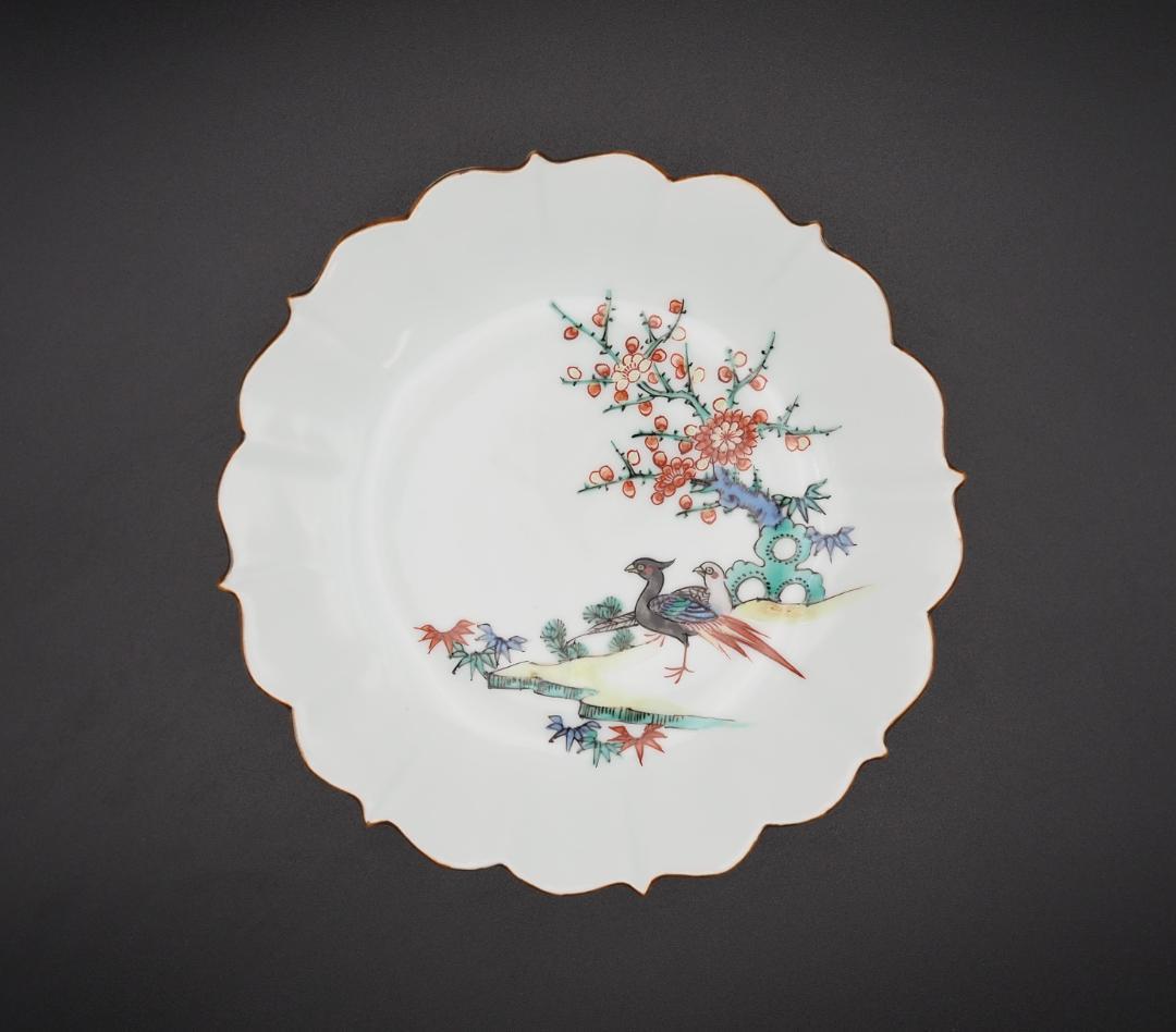 四代三浦竹泉 橘彩花卉雙禽画 絵皿 平皿 5客 共箱