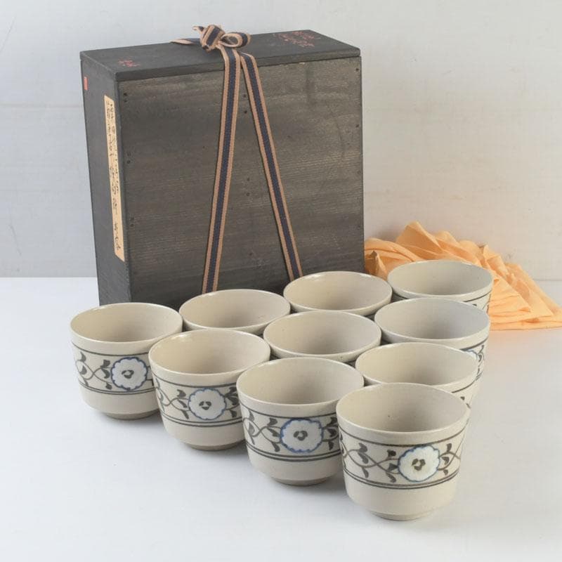 和食器　茶懐石　粟田焼　染付　仁清写菊唐草文　向付　十客　時代箱　V　9296