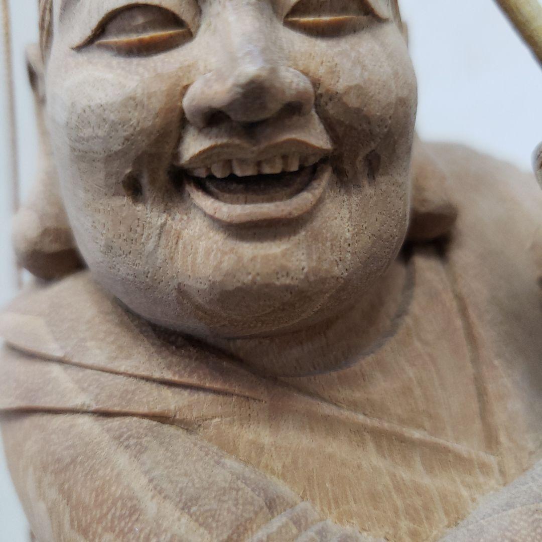 Ｂフライデー蔵出し特価縁起物七福神楠材恵比寿像えべっさん身丈23cm棹先34cm