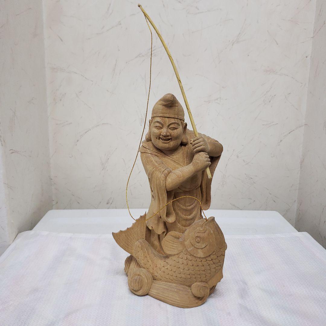 Ｂフライデー蔵出し特価縁起物七福神楠材恵比寿像えべっさん身丈23cm棹先34cm