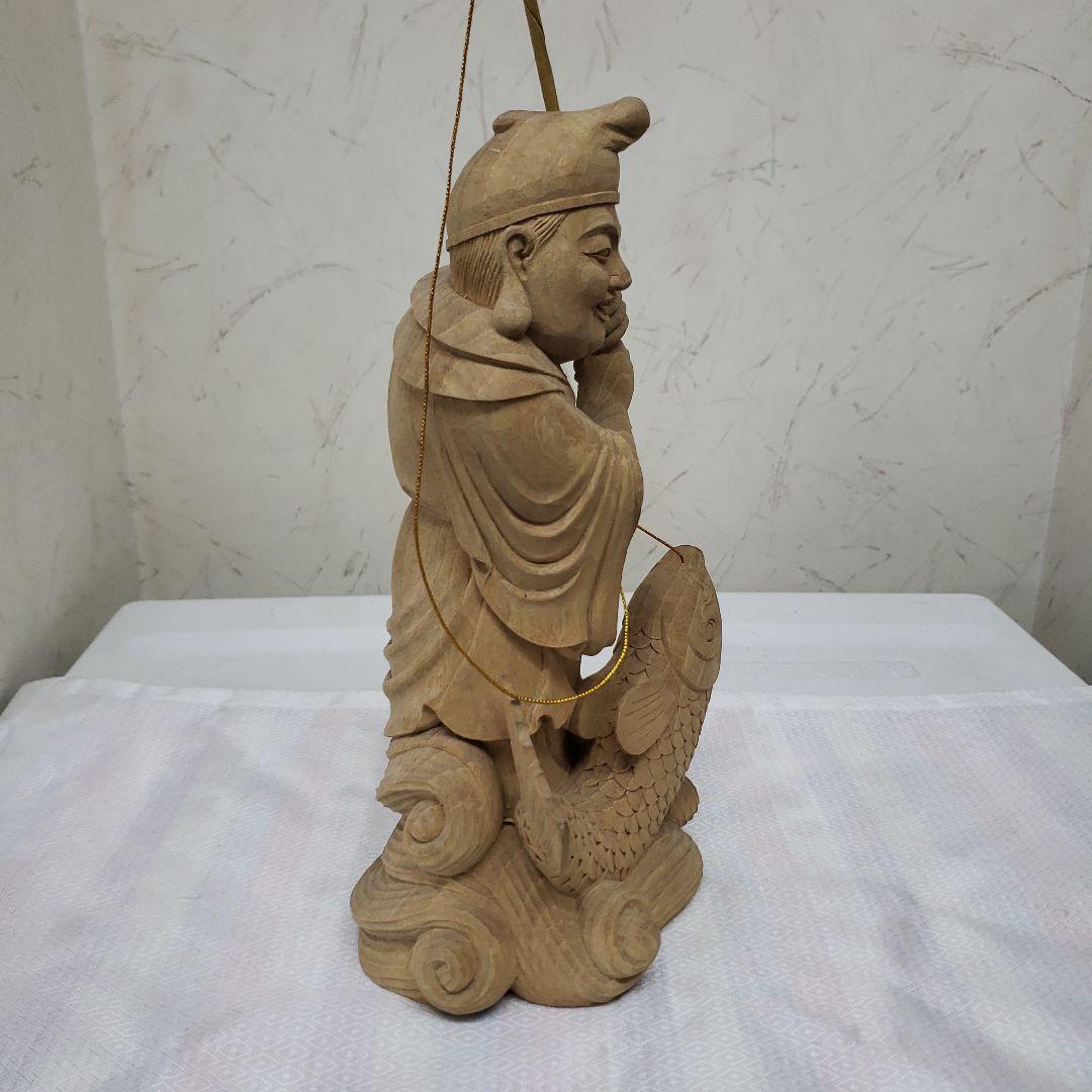 Ｂフライデー蔵出し特価縁起物七福神楠材恵比寿像えべっさん身丈23cm棹先34cm