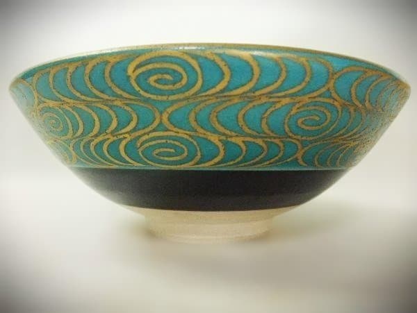 緑地金襴手波文 茶碗 平安「桐鳳」 手塚影雲 作 茶道具 抹茶茶碗 共布