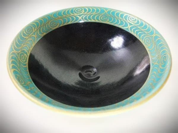 緑地金襴手波文 茶碗 平安「桐鳳」 手塚影雲 作 茶道具 抹茶茶碗 共布