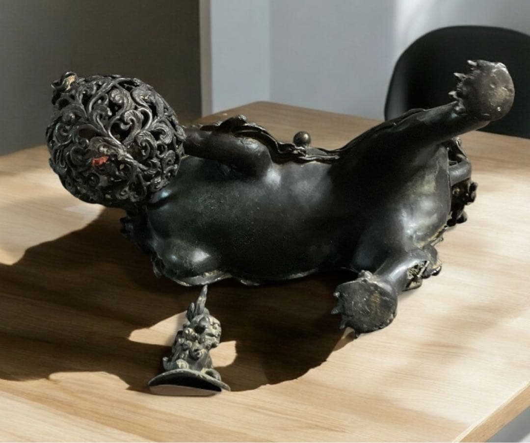 旧家　古い銅製　高炉　獅子　古銅宣徳銅　神獣　魔除　縁起物　彫金　玉獅子