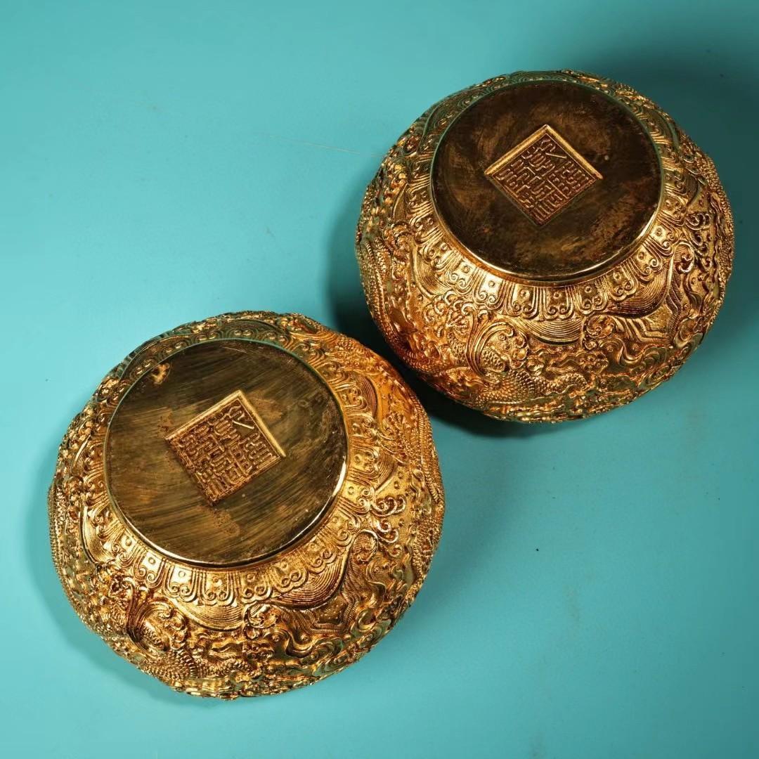 中国古美術・旧蔵収鎏金龍缶一対・純銅细密彫・純手作り・高浮彫・置物・酒器・茶道具