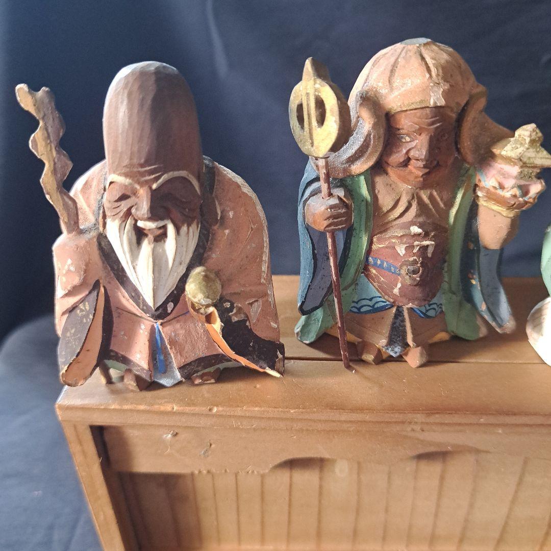 「絶妙です! 彩色木製工芸品 七福神像(脊高 約7cm）7体」 骨董アンティーク