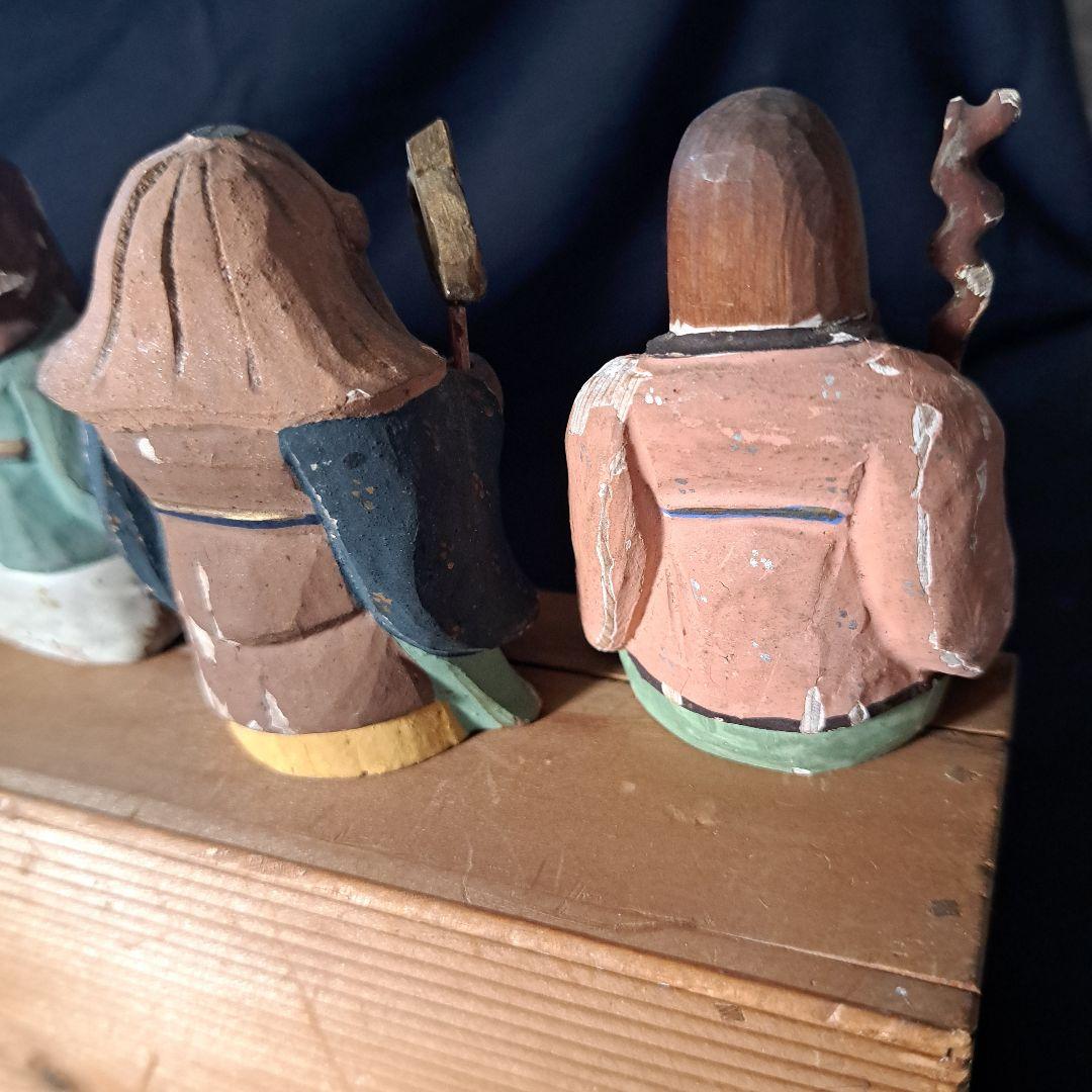 「絶妙です! 彩色木製工芸品 七福神像(脊高 約7cm）7体」 骨董アンティーク