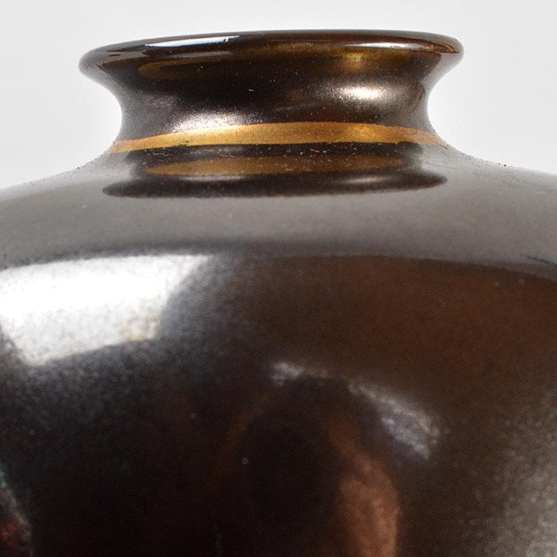 嘉子外製　鉄釉　色絵金彩　福田画　花蝶文瓶　花瓶　唐木台・時代箱付　CR5923