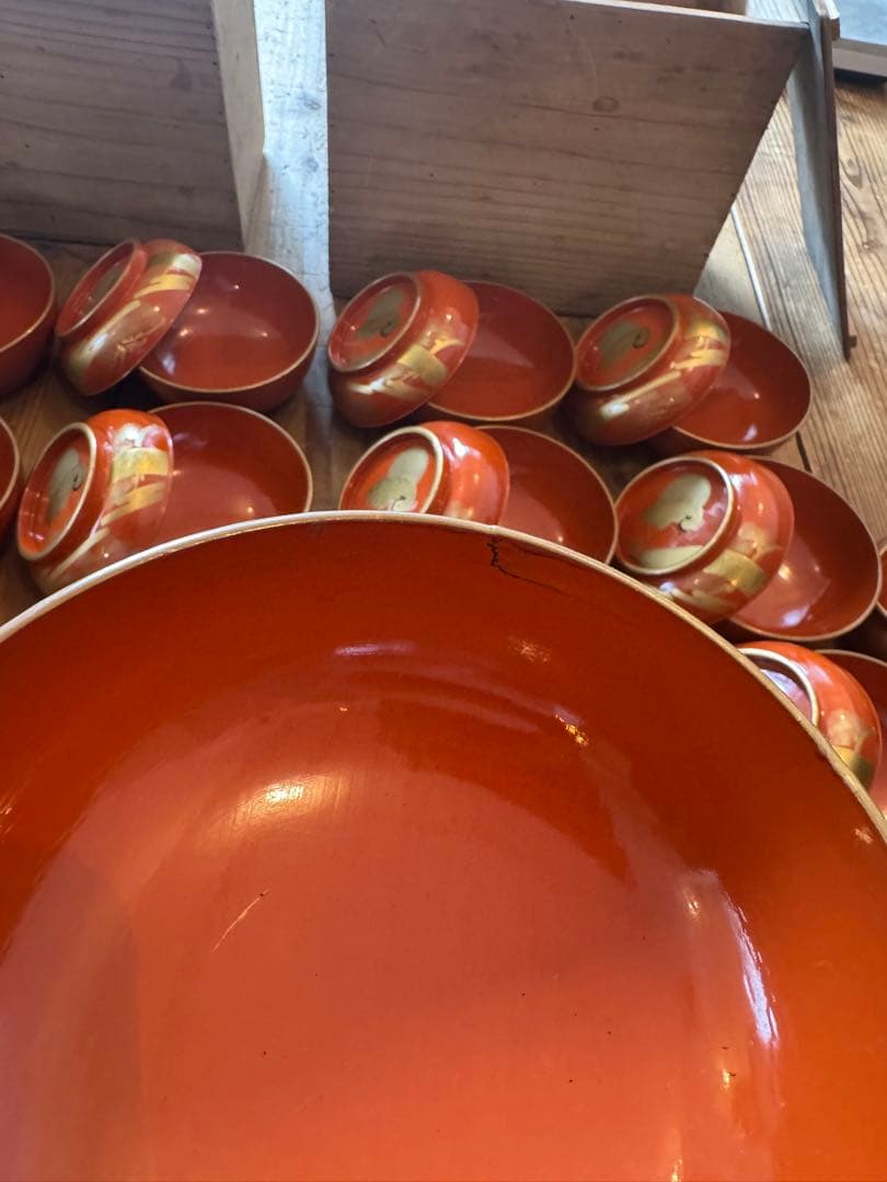 「明治〜大正 骨董 漆器 吸物椀 20客 ■華やか鶴蒔絵 ■箱付き ■送料込み」