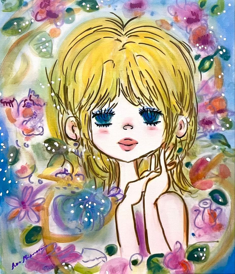 【F10】水森亜土（可愛い女の子）肉筆品/表裏サイン有り/手描き/油絵/絵画/額