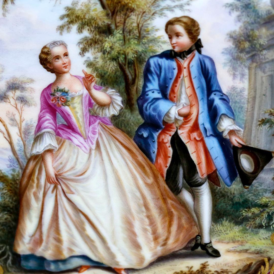 マイセン 忘れな草 透かし彫 恋人 ワトー風 飾り皿 ボタン剣 額装 １９世紀