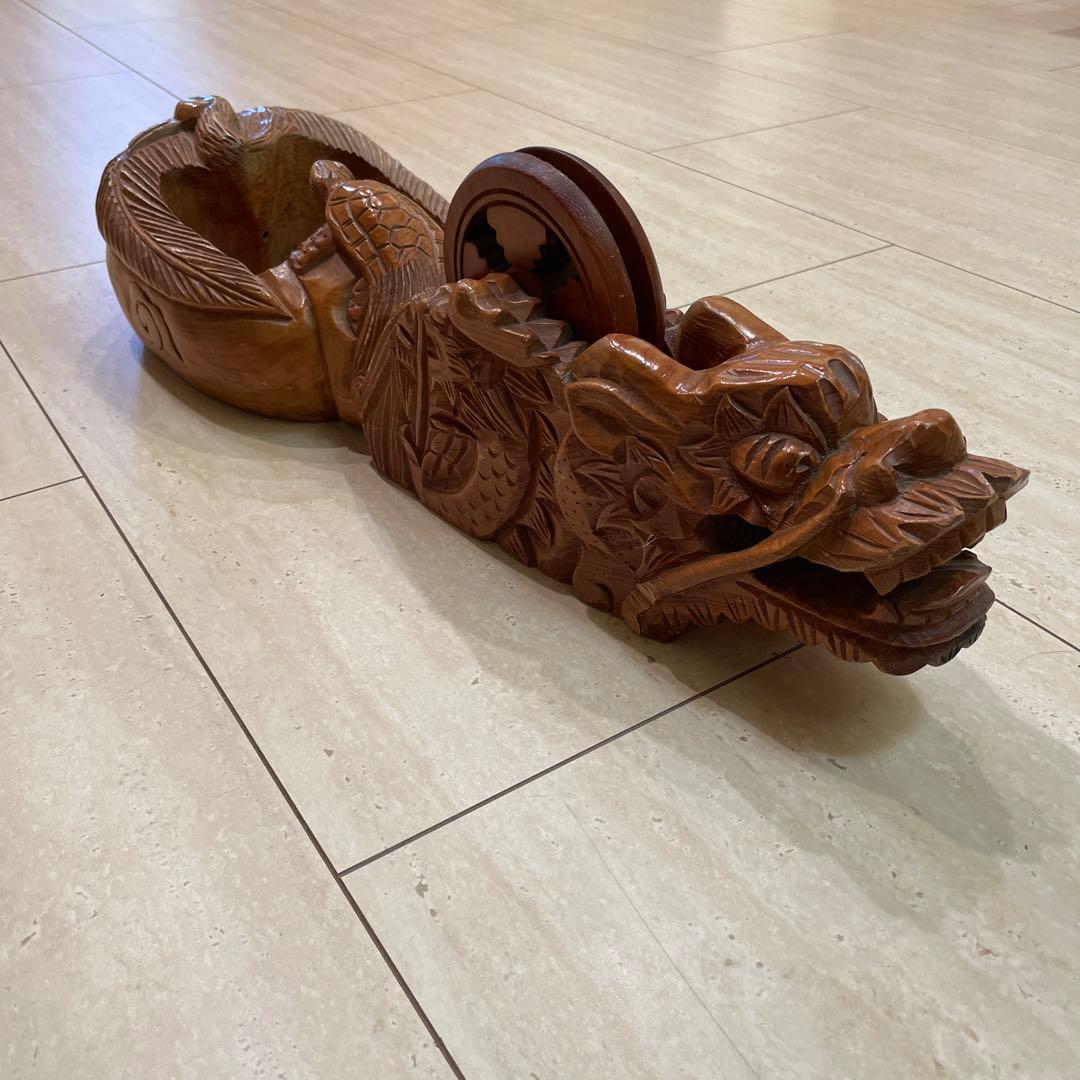 木彫り 特大　墨壺　鶴亀龍　彫刻 大工道具 工芸