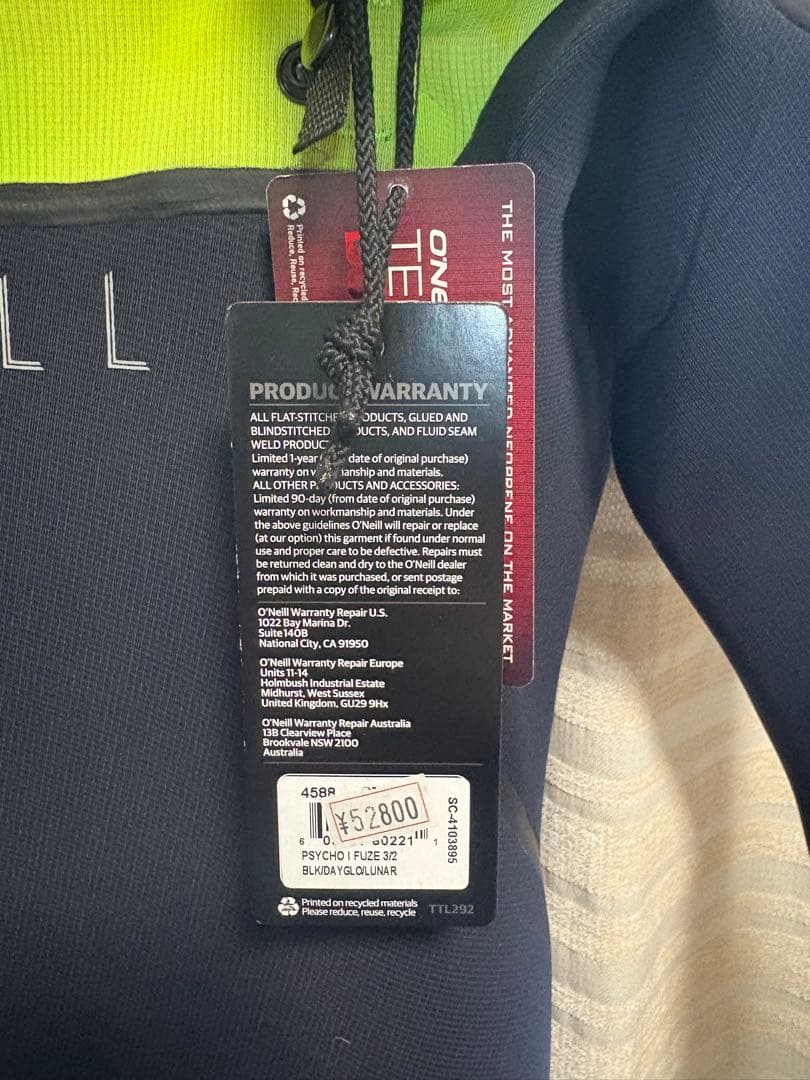 O'NEILL フルスーツ ブラック/ライム 新品タグ付き　未使用　3ミリ