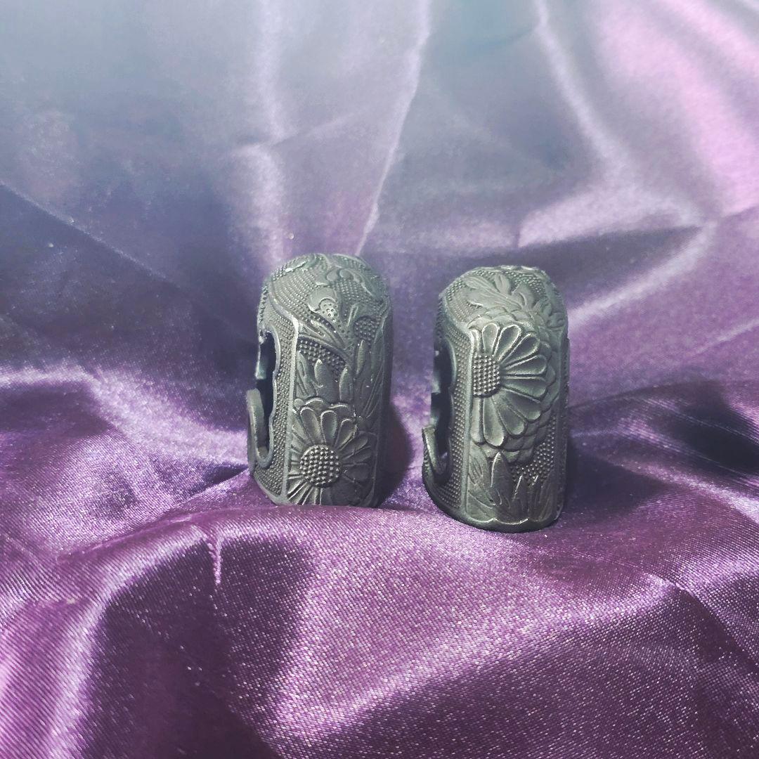 菊花文 銅地緑頭 半太刀拵 縁頭・栗形・尻金 揃金具 大縁42mm