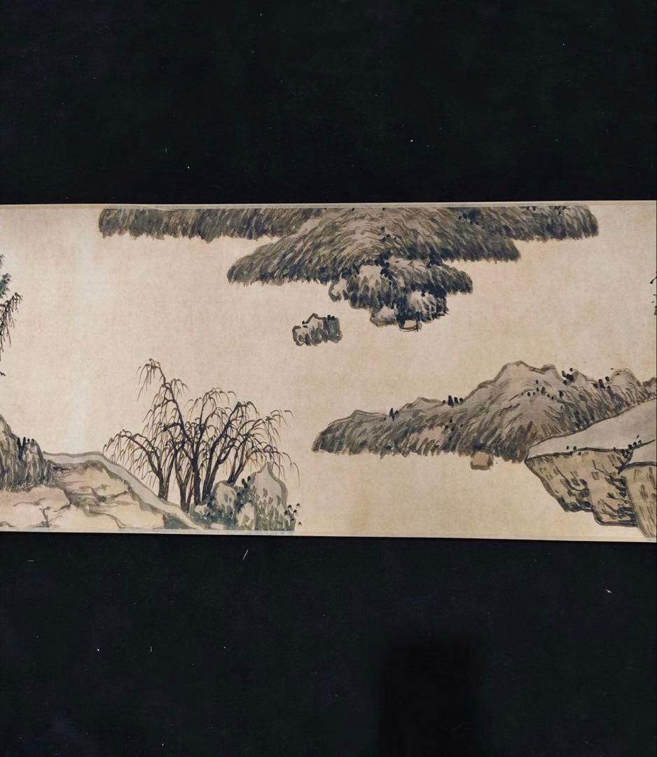 旧蔵 手巻き画　沈周《平橋遠水図》　掛軸　中国山水画　写意画