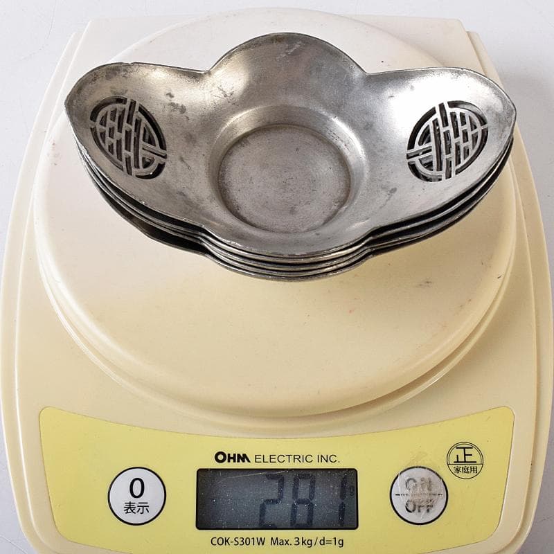 煎茶道具　古錫　鮎銅銘　透かし喜字文　木瓜式　茶托　五客　D　R8421