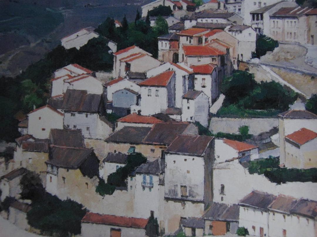 高梨潔、【丘の集落】、希少な額装用画集より、新品額装付