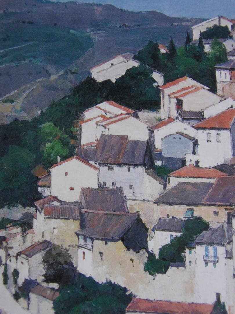 高梨潔、【丘の集落】、希少な額装用画集より、新品額装付