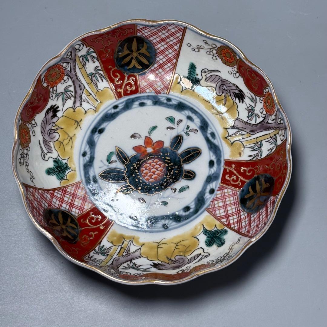 江戸中期〜後期　古伊万里　色絵柘榴文菊花形　なます皿　5枚　裏七宝結文　上物