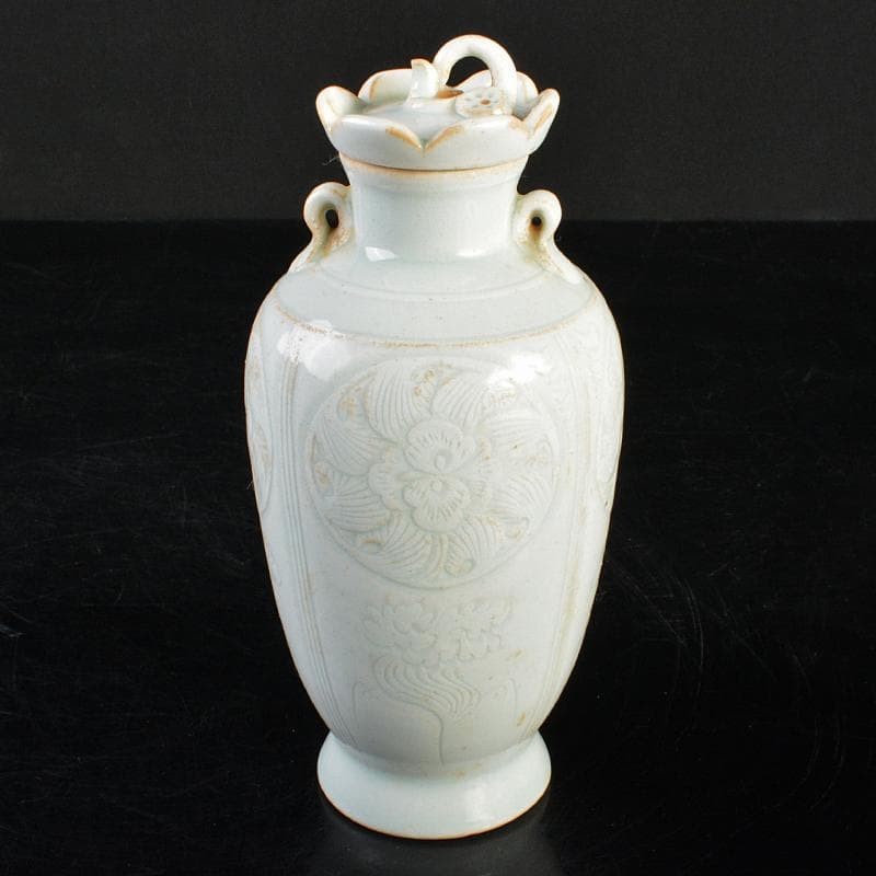 中国　影青　青白釉　陽刻　花文　双耳蓋瓶　M　7266E