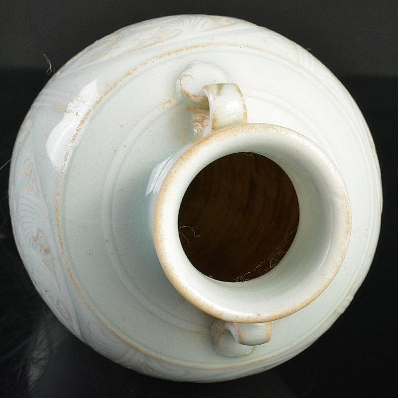 中国　影青　青白釉　陽刻　花文　双耳蓋瓶　M　7266E