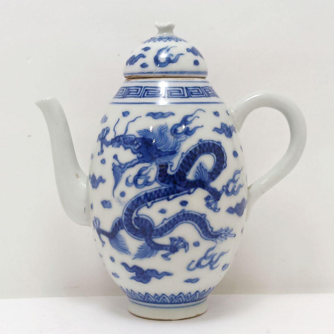 Y2466 清代唐物 新渡 古染付龍細密絵付急須 水注 萬歴年製　ma ten